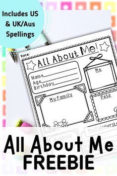 an all about me freebie is shown with the text, includes us and uk / aus