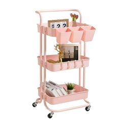 The danpinera 3 tier rolling cart is made of high-quality steel frame and ABS tray. The basket shelves are ABS plastic material, which is strong and durable, waterproof and wear-resistant, and not easily deformed. This rolling storage cart provides 3 tiers of basket shelves and 4 hooks, which provides enough storage space for your daily needs, suitable for the most spaces in your home. This three tier utility cart is designed with four swivel wheels, two of which are lockable, and an ergonomic h Hanging Cups, Craft Office, Organization Shelves, Rolling Utility Cart, Organization Cart, Rolling Storage Cart, Pink Office, Rolling Storage, Rolling Cart