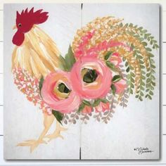 a painting of a rooster with flowers in it