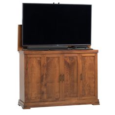 a wooden entertainment center with a flat screen tv on it's top and bottom shelf