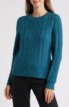 A classic cable-knit design and ribbed trim make this soft cotton-forward crewneck a layer you'll want at the ready for sweater season. Crewneck Long sleeves Ribbed cuffs and hem 55% cotton, 25% polyester, 20% acrylic Hand wash, dry flat Imported Teal Sweater, Sweater Season, Cable Stitch, Crewneck Sweater, Knitting Designs, Crew Neck Sweater, Cable Knit, Sweater Top, Knitted Sweaters