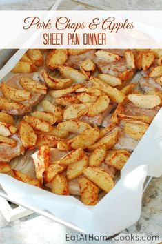 baked pork chops and apples sheet pan dinner in a white casserole dish