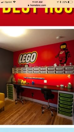 an image of a room with legos on the wall and other things in it