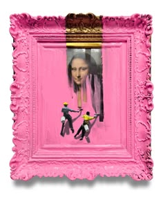 a pink frame with an image of a woman and two small figures in front of it