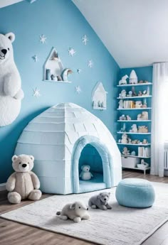 a child's room decorated in blue and white with an iglooh