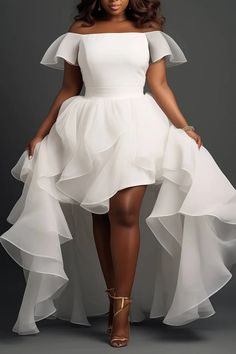 Xpluswear Design Plus Size Wedding Guest White Off The Shoulder Cap Sleeve Ruffle Asymmetric Hem Tulle Mini Dresses Bride Party Dress Plus Size, Short Plus Wedding Dress, Plus Size White Prom Dress, Power Wedding Dress, Ruffle Neck Wedding Dress, White Winter Dress Formal, Cocktail Style Wedding Dress, Types Of Off Shoulder Sleeves, Wedding Guest Short Dresses