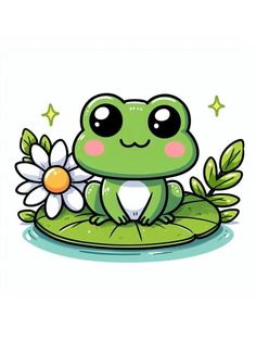 a green frog sitting on top of a leaf with a flower in it's mouth