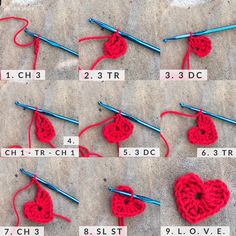 crocheted hearts are being worked on with knitting needles