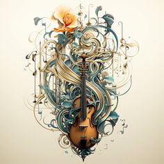 a violin is surrounded by music notes, flowers and swirls on a white background