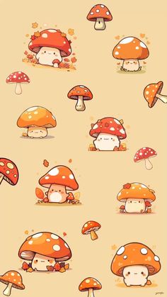 cartoon mushrooms with different colors and sizes on them, all sitting in the same row