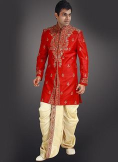 Traditional Indian Wedding Sherwani with Designer Dhoti Groom Outfit Wedding Indian, Indian Wedding Sherwani, Indowestern Dress, Men Sherwani, Nauvari Saree, Peacock Theme, Indian Men