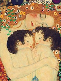 a painting of three women hugging each other on a bed with flowers all around them