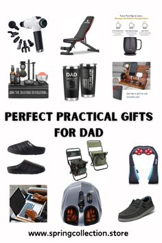 the words perfect practical gifts for dad are in front of an image of various items