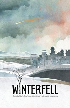 a framed poster with the words winterfell in front of a snowy cityscape