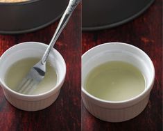 two pictures of the same bowl and spoon, one being filled with liquid while the other is empty