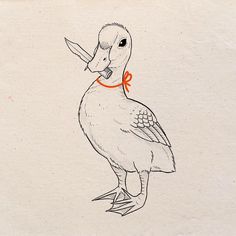 a drawing of a duck with an orange ribbon around its neck