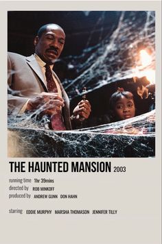 the poster for the movie, the haunted mansion 2003 with an image of a man in a suit and tie