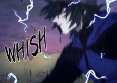 an anime character with the word wish in front of him and lightnings behind him