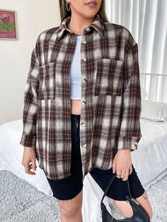 Multicolor Casual Collar Long Sleeve Woven Fabric Plaid Other Embellished Non-Stretch  Women Plus Clothing Drop Shoulder Coat, Cargo Pants Outfit, Plus Size Coats, Plaid Print, Kids Beachwear, Pants Outfit, Plus Clothing