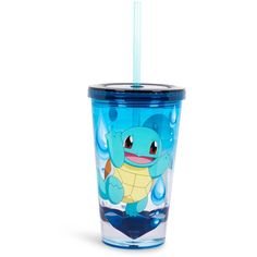 a blue tumbler cup with a cartoon character on the side and a straw in it