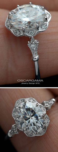 two different views of a diamond ring on someone's finger, with the center stone surrounded by diamonds