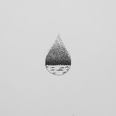 a black and white drawing of a water drop with trees in the distance on it