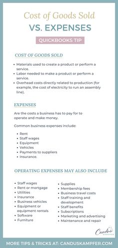 Cost of Goods Sold vs. Expense Cost Accounting Notes, Accounting And Bookkeeping, Quickbooks Tips Cheat Sheets 2023, Quickbooks Online Tips Cheat Sheets, Small Business Bookkeeping Templates, Quickbooks Tips Cheat Sheets, Quickbooks Tips, Bookkeeping Basics, Quickbooks Tutorial