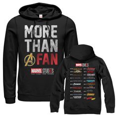 a black sweatshirt with the words more than fan printed on it, and an image of avengers