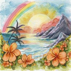 watercolor painting of flowers and mountains with a rainbow in the sky behind them,