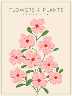 pink flowers and plants with green leaves on the bottom, against a beige background text reads flowers & plants