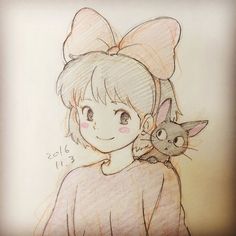 a drawing of a girl holding a cat