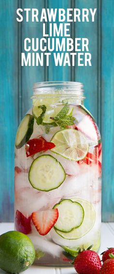 strawberry lime cucumber mint water in a mason jar