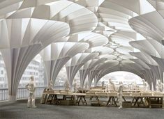 an artist's rendering of a dining area in a building with large white arches