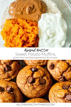 sweet potato muffins with chocolate chips and whipped cream in a glass bowl on top