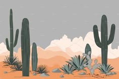 a desert scene with cacti and mountains in the background, including a cactus