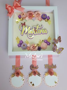 a box with some flowers and butterflies on it, next to the words mottina