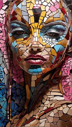 a woman's face is made up of many different colored mosaics and beads