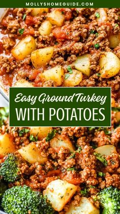 easy ground turkey with potatoes in a white bowl on top of broccoli and cauliflower