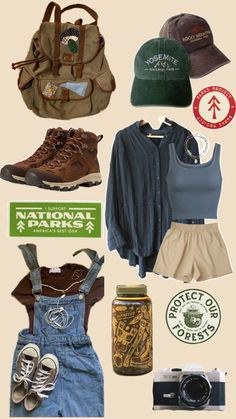 Granola girl outfit inspo collage, vintage film camera, Nalgene water bottle, overall, brown cropped shirt, brown converse, tan cloth shorts, blue tank top, blue flannel, national park hats, granola girl backpack, leather, hiking boots, aesthetic hiking boots, national park stickers Summer Camp Aesthetic Outfits, Camping Aesthetic Outfits, Granola Girl Aesthetic Outfits, Summer Camp Outfits, Granola Girl Outfits, Granola Style, Camping Outfits For Women, Cute Hiking Outfit