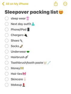 a list with text that says sleepover packing list on the front and back side