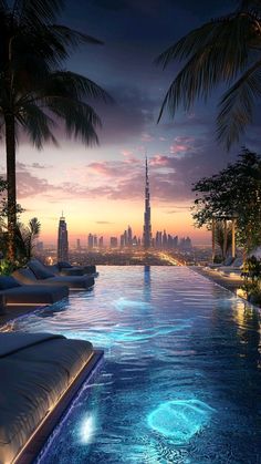 an outdoor swimming pool surrounded by palm trees and skyscrapers at dusk with the sun setting in the distance