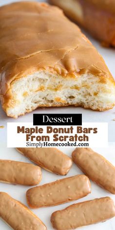 a close up of a doughnut with peanut butter on it and the words dessert maple donut bars from scratch