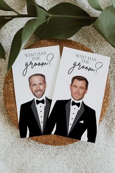 two cards with the same image on them, one has a bow tie and the other has a tuxedo