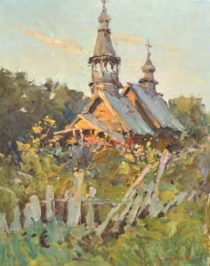 an oil painting of a church surrounded by trees and grass with a fence in the foreground