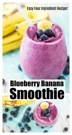 blueberry banana smoothie in a glass with bananas on the side