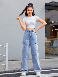 Light Wash  Collar  Denim Plain Straight Leg Embellished Non-Stretch  Girls Clothing Cute Cloths For Girls 10-12, Girls Jeans Design, Clothes For Girls 10-12, Cargo Jeans Outfit Women, Cargo Jeans Women, Tops For Girls Stylish, Cargo Jeans Outfit, Girls Jeans Outfit, Teen Jeans