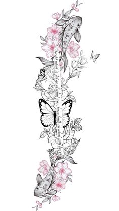 a tattoo design with flowers and fish on it