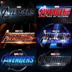 the avengers age of ultron logo is shown in four different styles and colors, including black