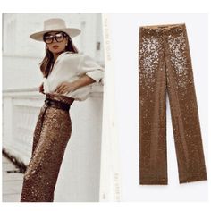 High-Waisted Wide Leg Pants. Sequin Appliqu. Interior Lining. Front Zip, Metal Hooks, And Interior Button Closure. Composition Outer Shell 95% Nylon, 5% Elastane Lining 100% Polyester Sequin Wide Leg Pants, Black Bell Bottoms, Sequin Trousers, Asymmetric Jumpsuit, High Waisted Culottes, High Waisted Wide Leg Pants, Zara Jumpsuit, Sequin Pants, Cropped Wide Leg Jeans