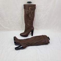 I bring to your attention brown women's leather knee-high boots with a round toe on a small platform. Fashion of the 90s - 2000s. Vintage heeled boots with buckles on the sides will highlight the beauty of your feet. A fashionable model in boho style that will complement any look. In a single copy. Limited edition, in good condition. Materials: leather The circumference calf width - 14 Inches Boots height - 19 Inches Heel height - 4,5 Inches Height platform - 0,5 Inches Size - (9 US) (40 EU) (6, Wide Calf Thigh High Faux Leather Boots, Thigh High Wide Calf Faux Leather Boots, Leather Thigh High Platform Heeled Boots, Brown Wide Calf Knee-high Boots, Winter Knee-high Brown Platform Boots, Winter Brown Knee-high Platform Boots, Winter Brown Wide Calf Platform Boots, Brown Leather High Shaft Heeled Boots, Brown High Shaft Heeled Boots For Wide Calves